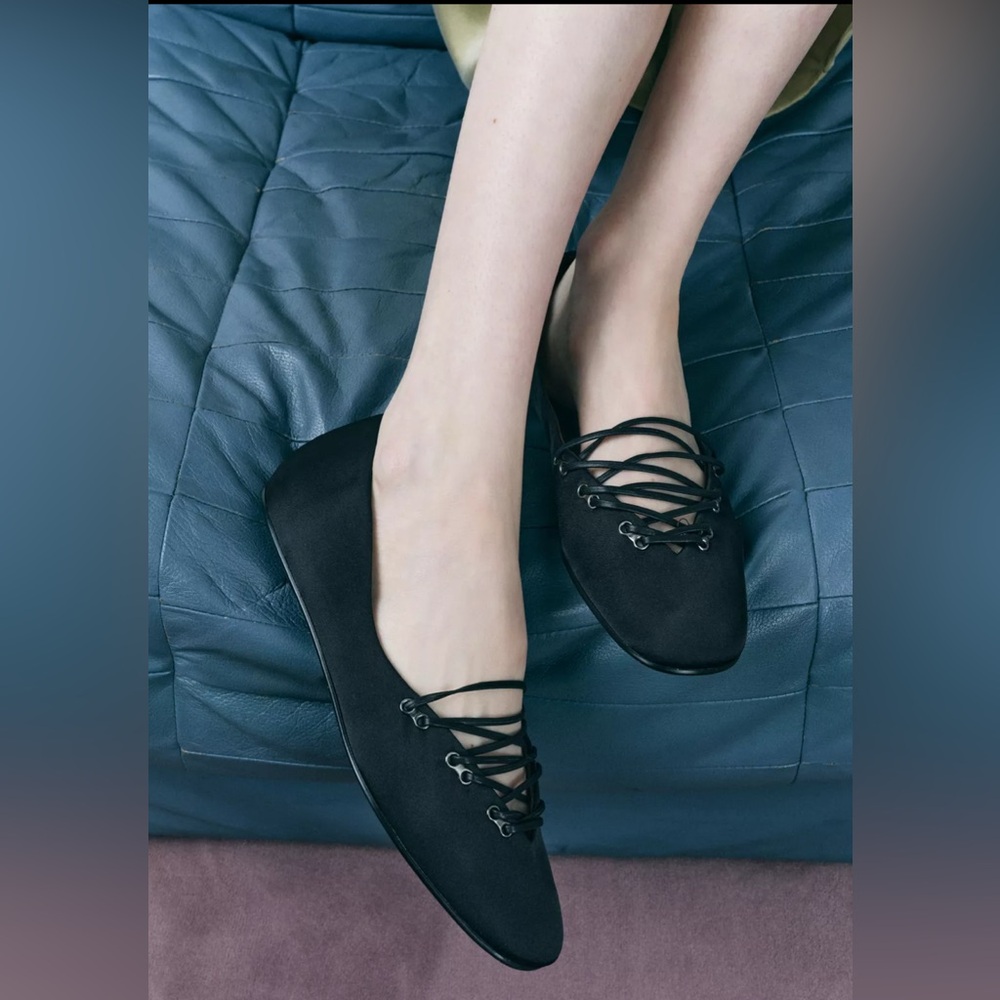 ZARA Satin Effect Ballet Black womens Flats